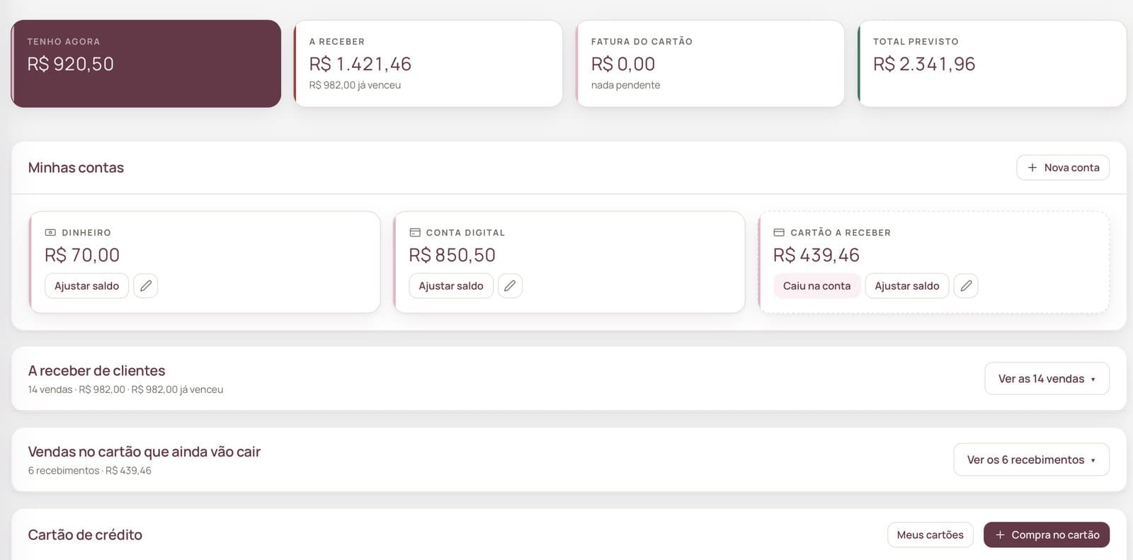 Tela do sistema mostrando o controle de caixa: dinheiro, conta digital, cartão a receber e contas a receber por cliente