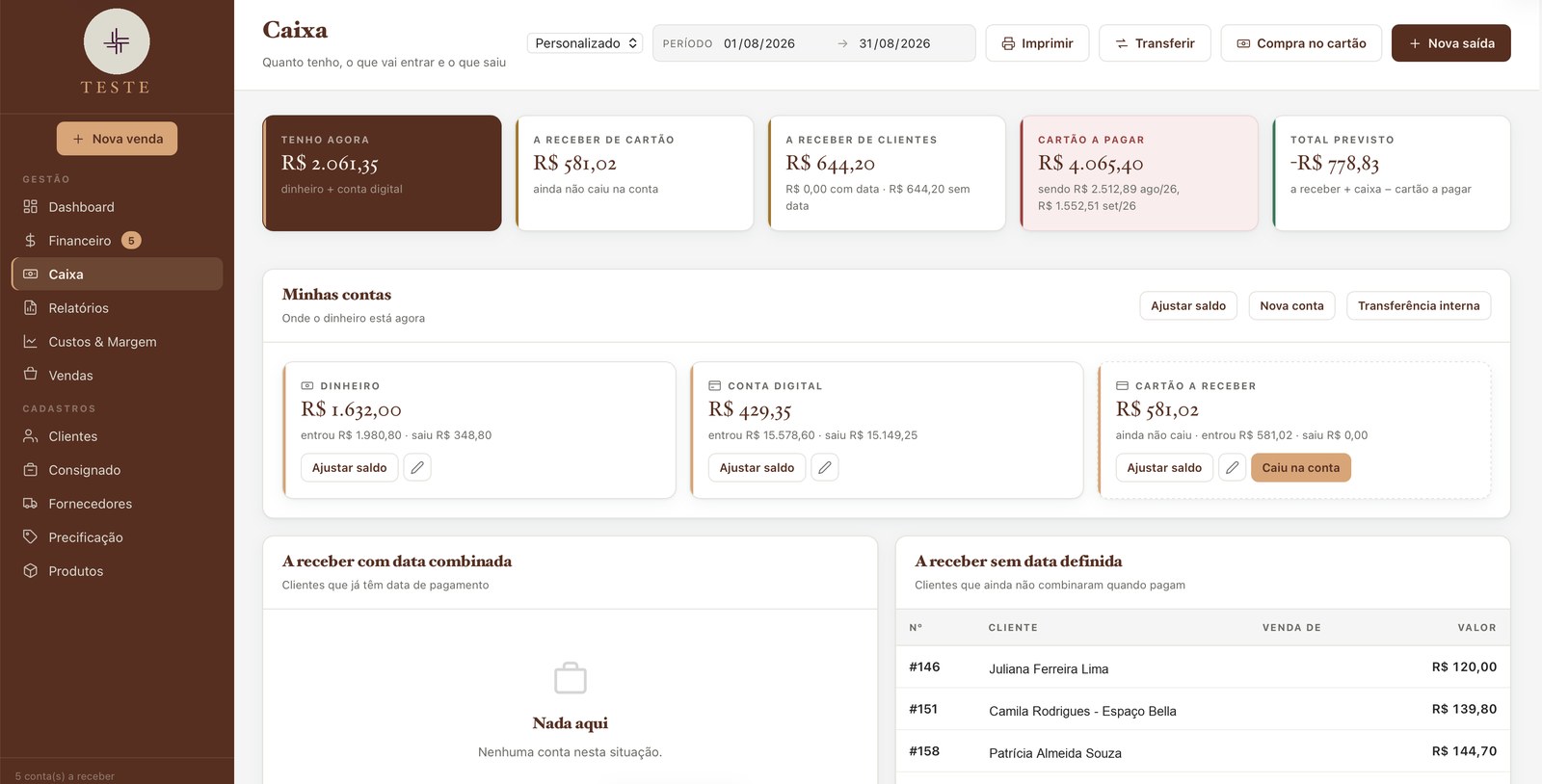 Tela do sistema mostrando o controle de caixa: dinheiro, conta digital, cartão a receber e contas a receber por cliente